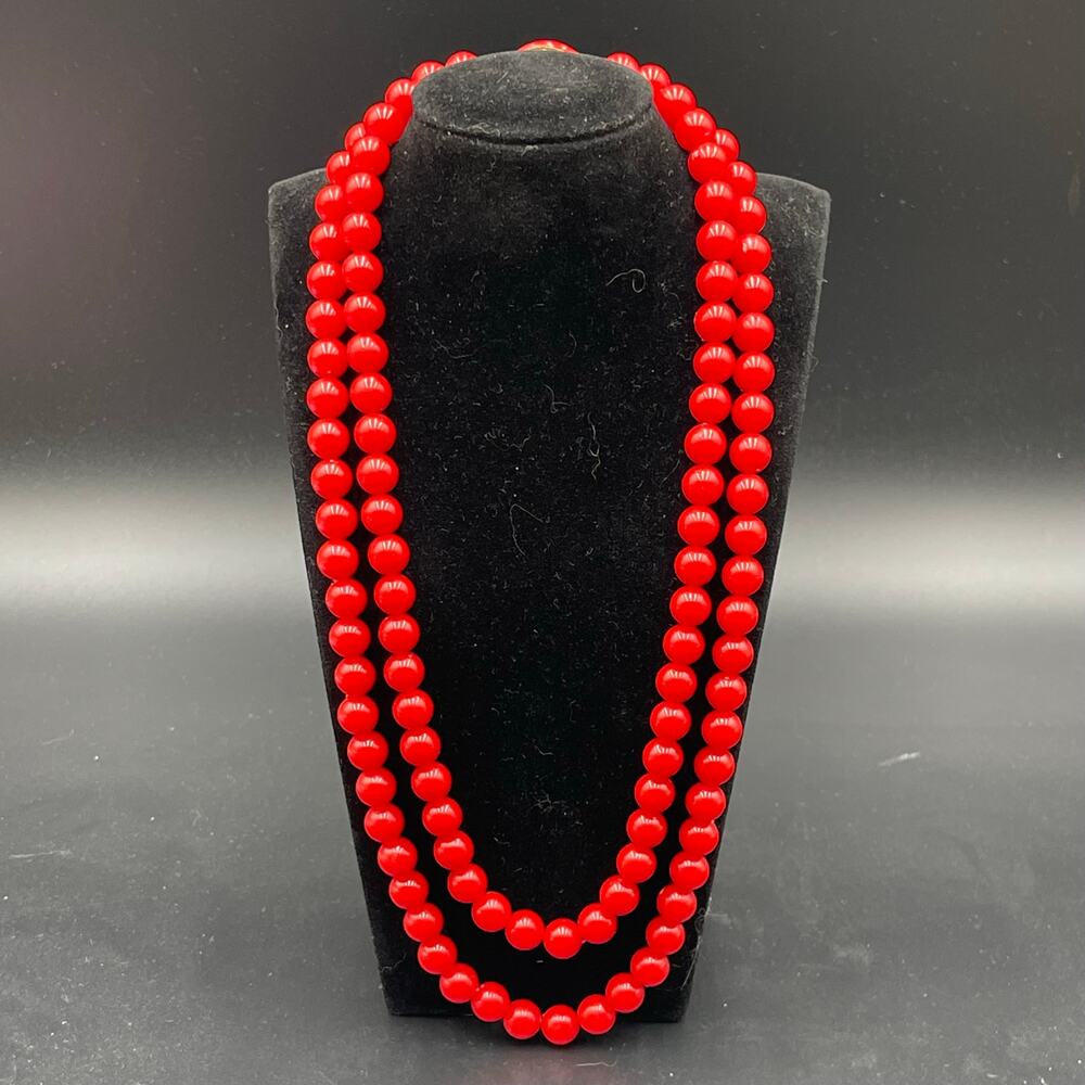 Red Bead Double Strand Necklace Box Closure Plastic 20" Vtg